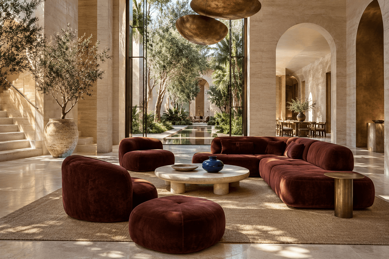 AI-generated illustration of an imagined hotel lounge; conceptual architecture, not a real hotel or room